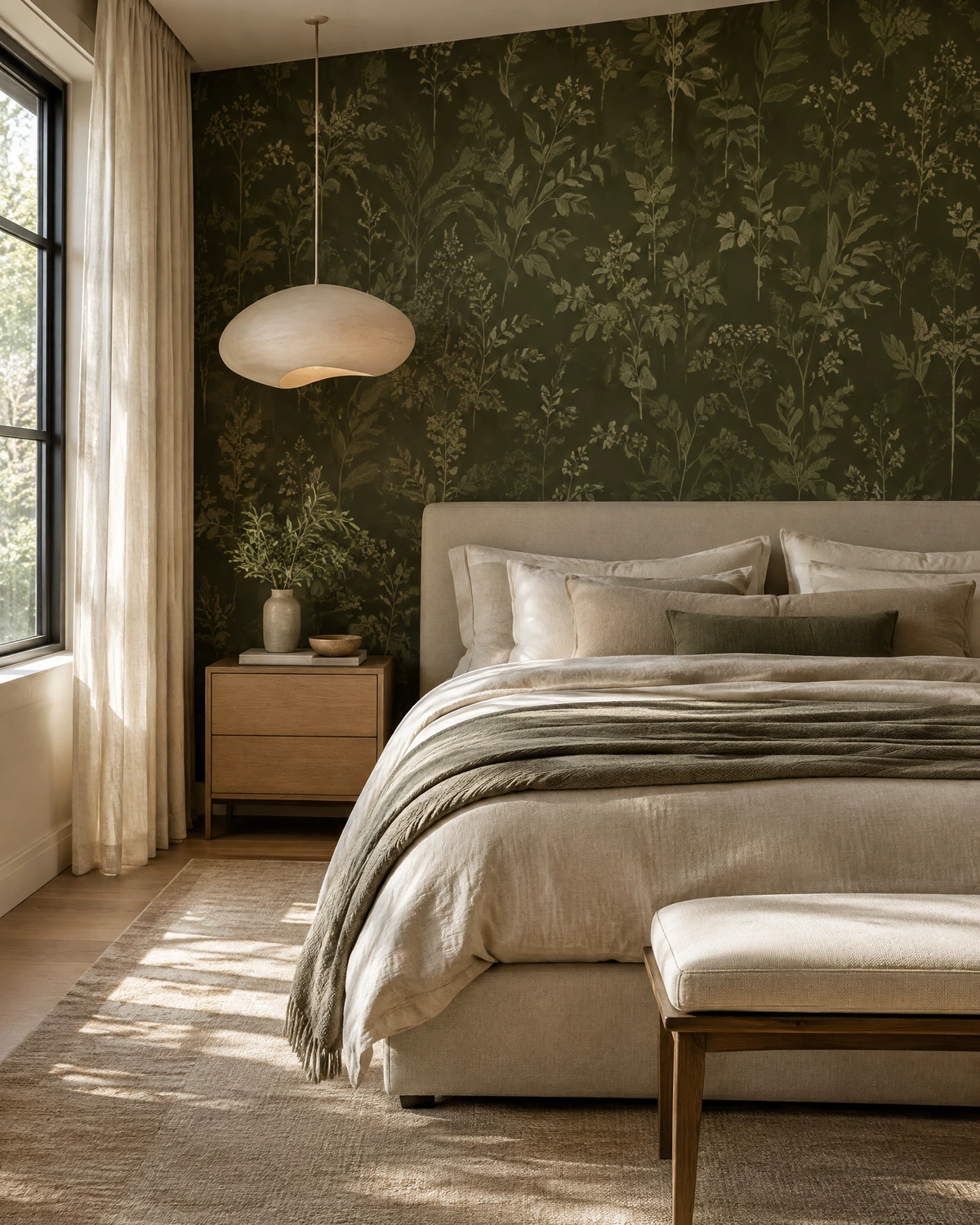Olive botanical wallpaper in a serene bedroom