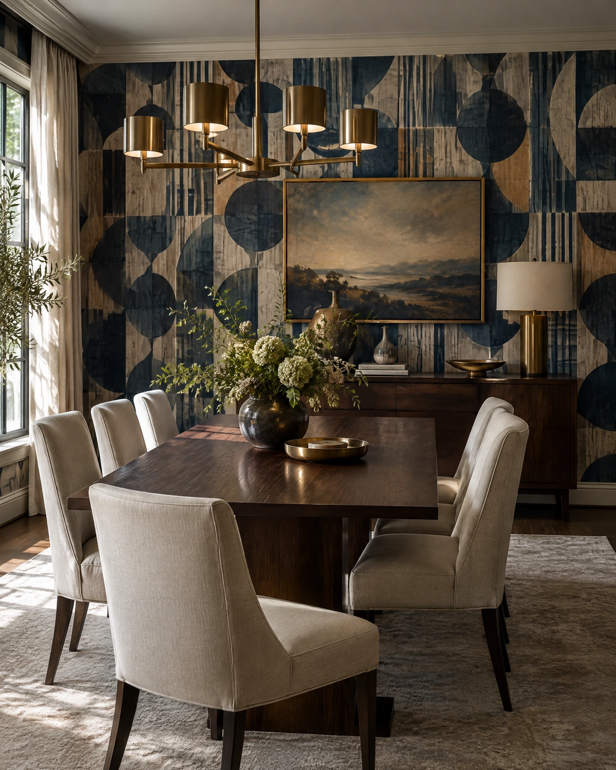 Indigo geometric wallpaper in a refined dining room