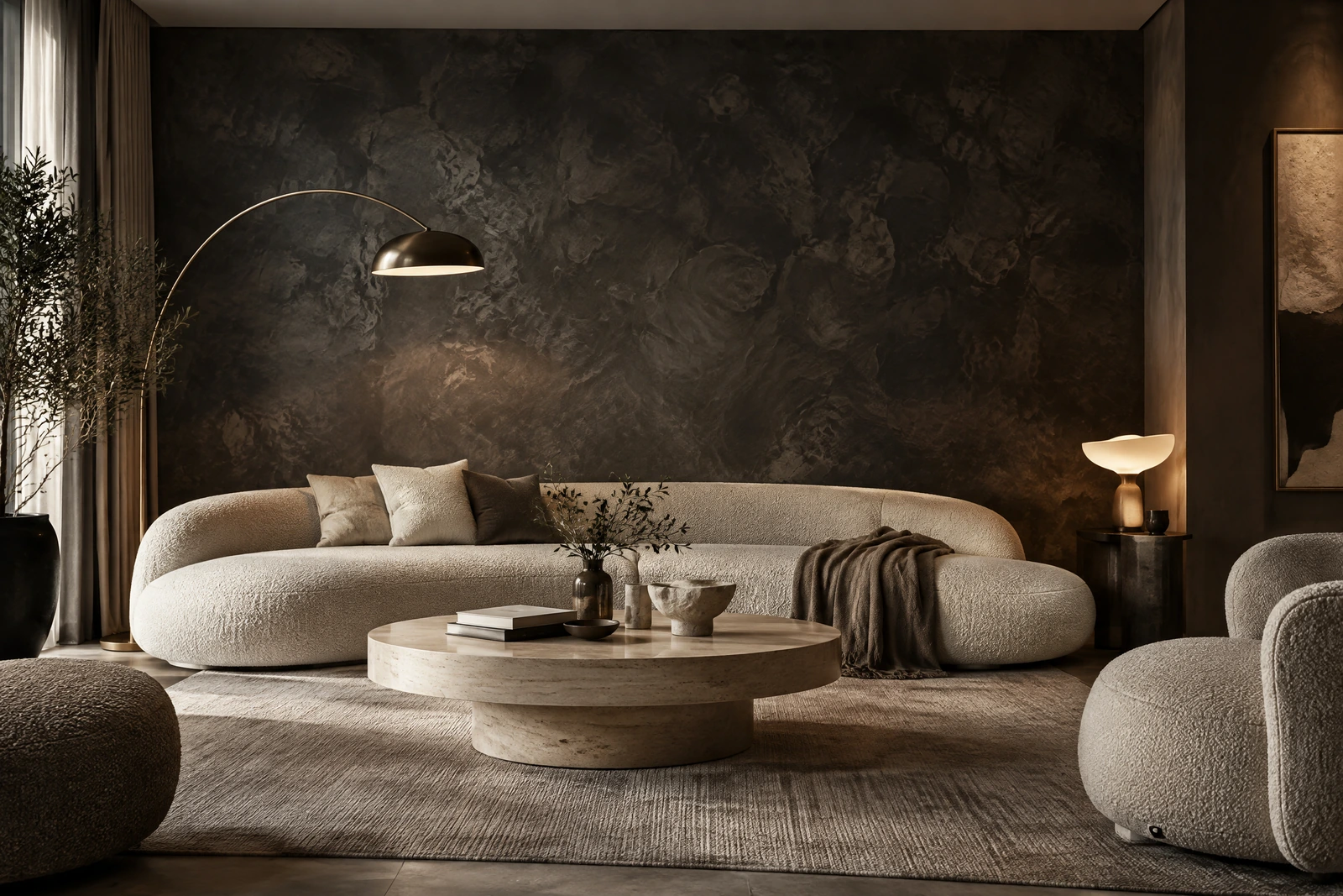 Charcoal textured wallpaper in a contemporary lounge