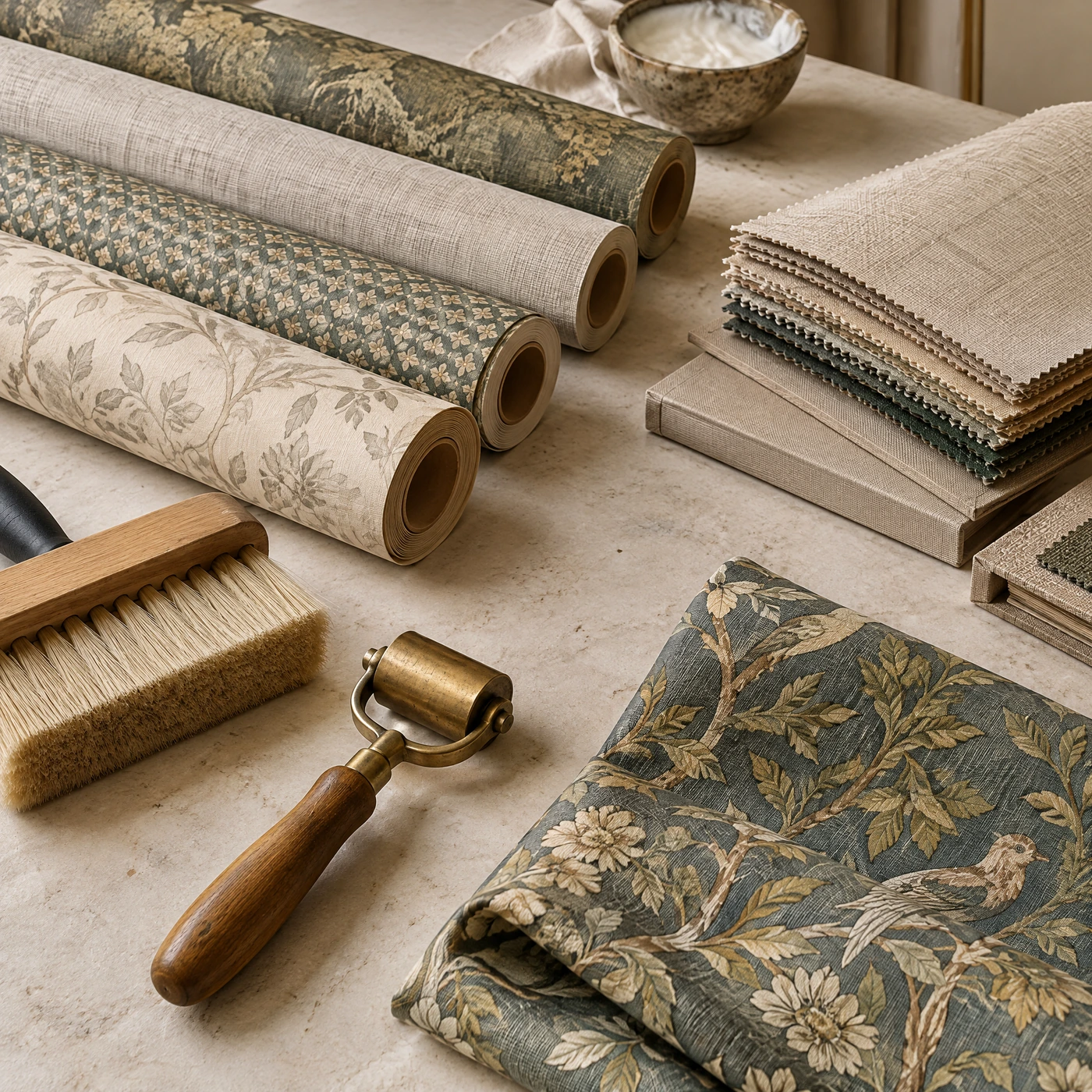 Wallpaper rolls, fabric samples, and installation tools