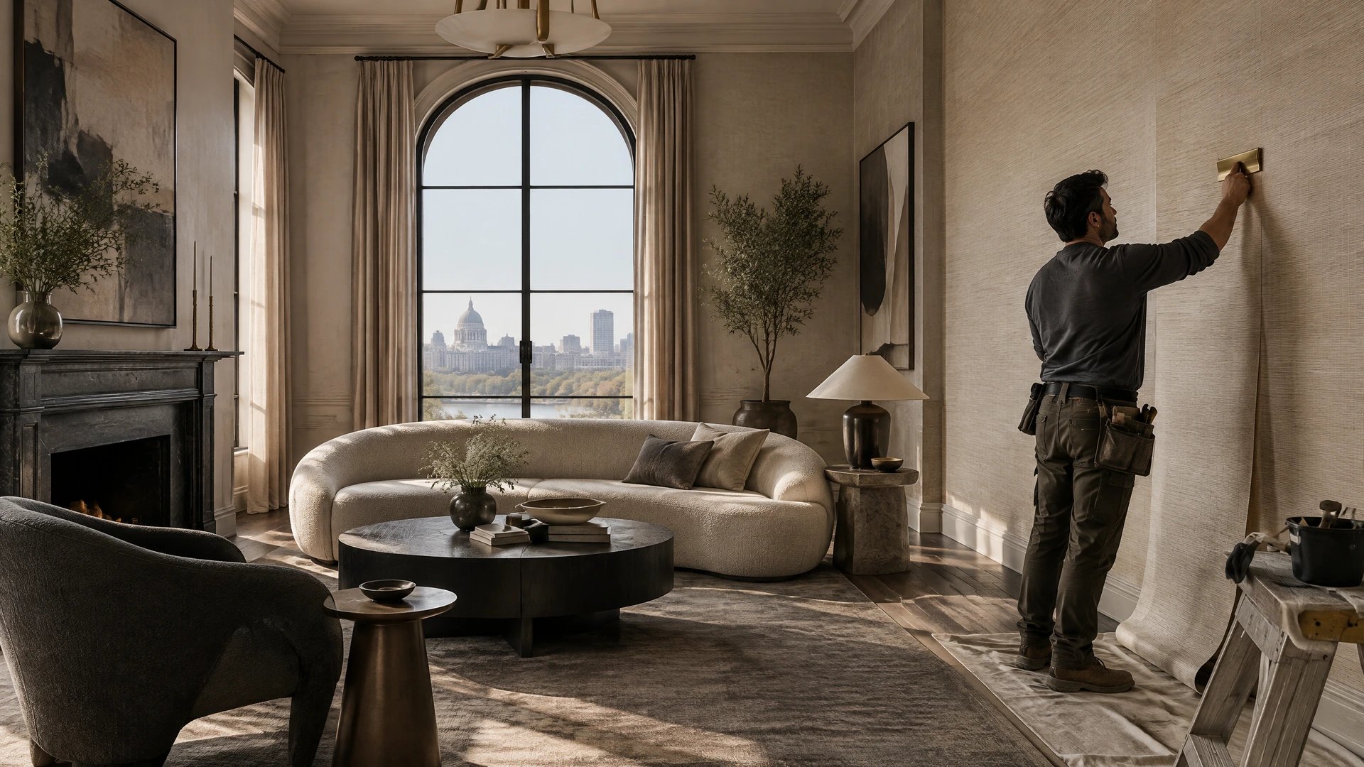Professional wallpaper installer finishing a refined living room